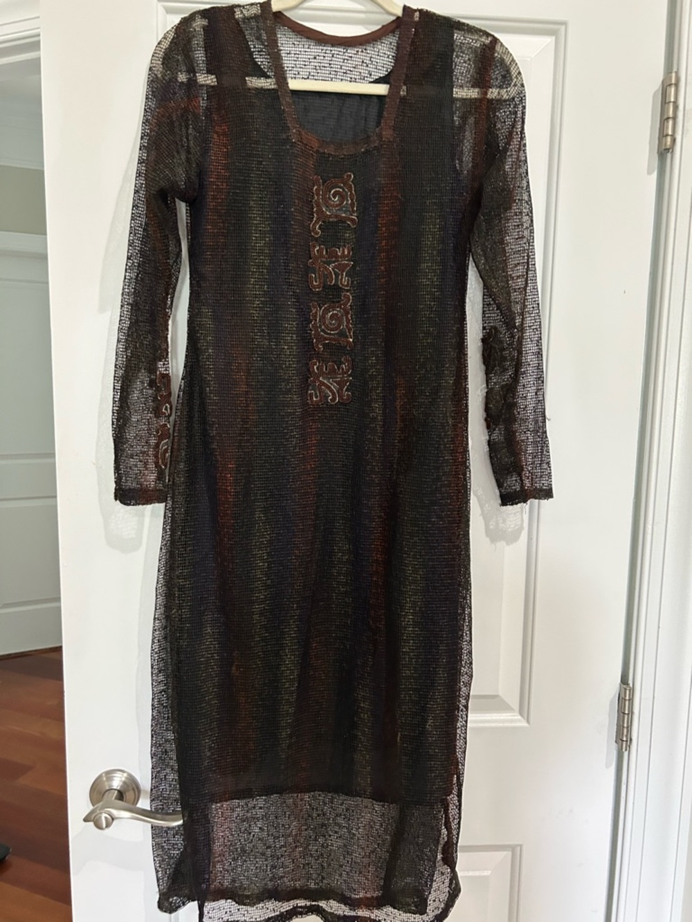 Sheer Black and Brown Long Sleeve Dress with Embroidered Front Panel